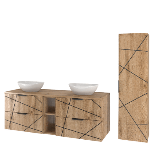 Meble łazienkowe WOOD szafka z umywalką i blatem 140cm + słupek - Meble łazienkowe MEGSTYL