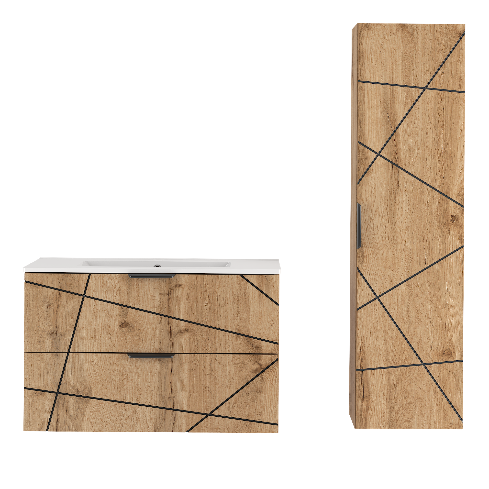 Szafka WOOD z umywalką 80 cm i słupkiem DĄB WOTAN - Meble łazienkowe MEGSTYL