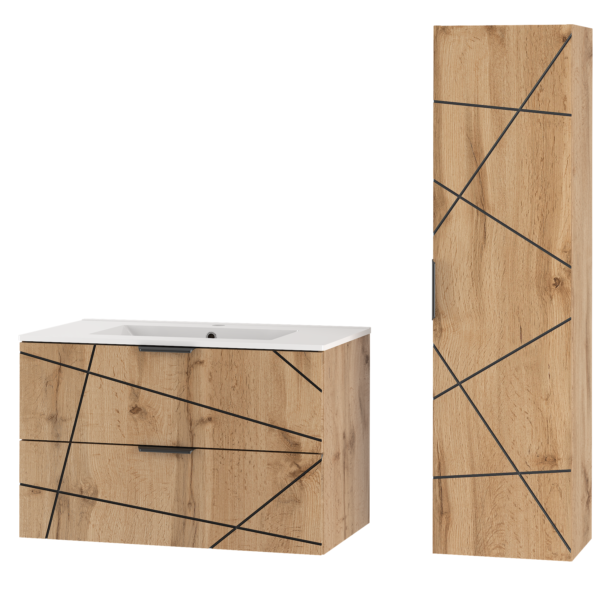 Szafka WOOD z umywalką 80 cm i słupkiem DĄB WOTAN - Meble łazienkowe MEGSTYL