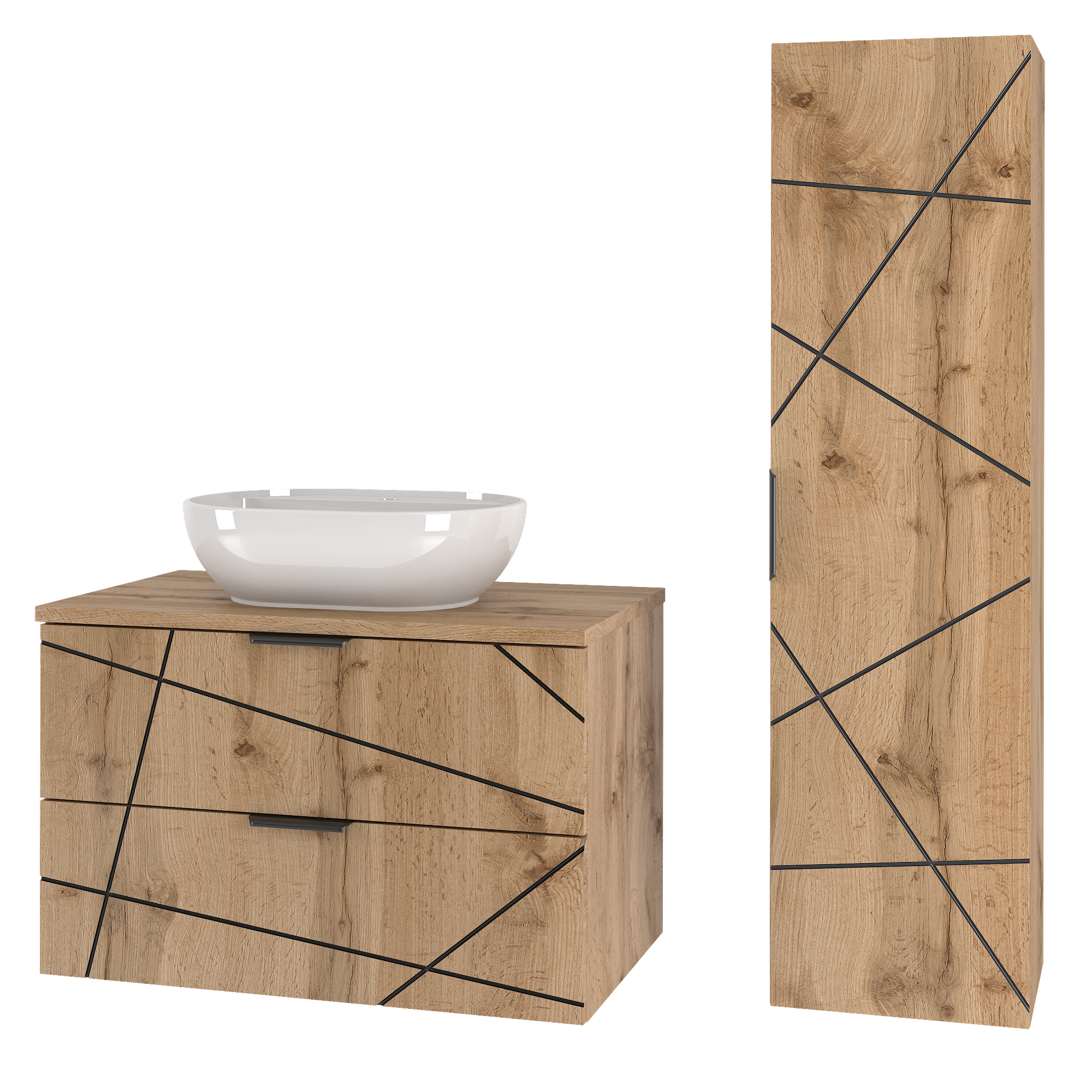 Szafka WOOD z umywalką i blatem 80 cm słupek DĄB WOTAN - Meble łazienkowe MEGSTYL