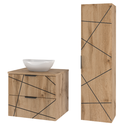 szafka WOOD z umywalką i blatem 60 cm słupek DĄB WOTAN - Meble łazienkowe MEGSTYL