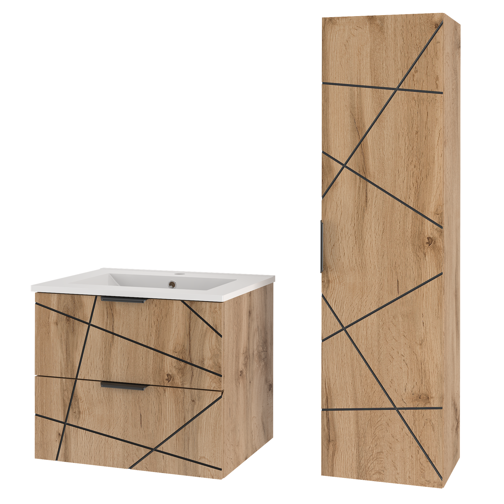Szafka WOOD z umywalką 60 cm i słupkiem DĄB WOTAN - Meble łazienkowe MEGSTYL