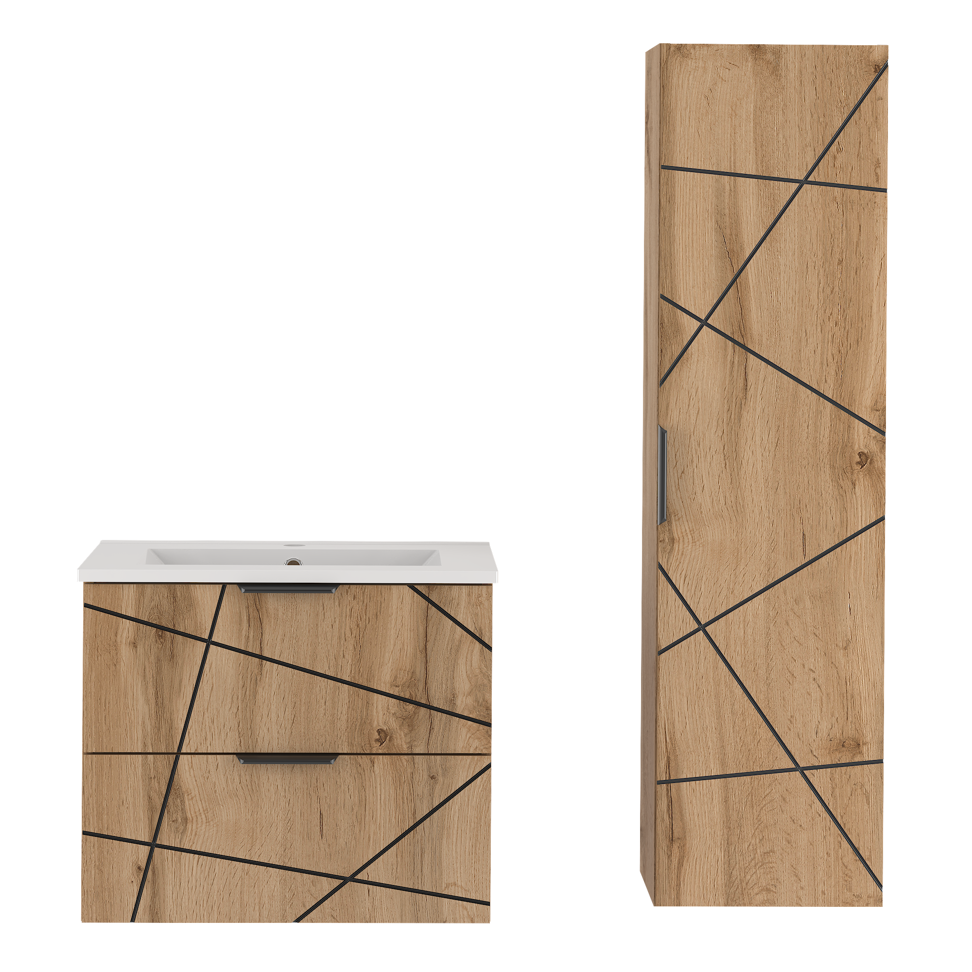 Szafka WOOD z umywalką 60 cm i słupkiem DĄB WOTAN - Meble łazienkowe MEGSTYL