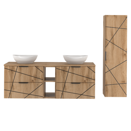 Meble łazienkowe WOOD szafka z umywalką i blatem 140cm + słupek - Meble łazienkowe MEGSTYL