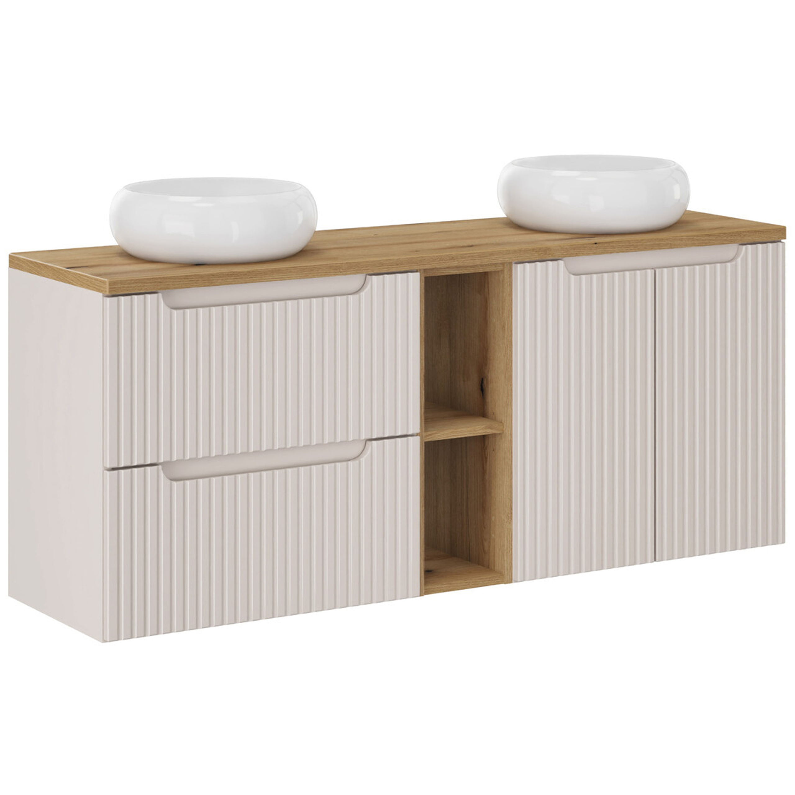 Szafka NOVA CASHEMERE z regałem i umywalkami 140 - Meble łazienkowe COMAD